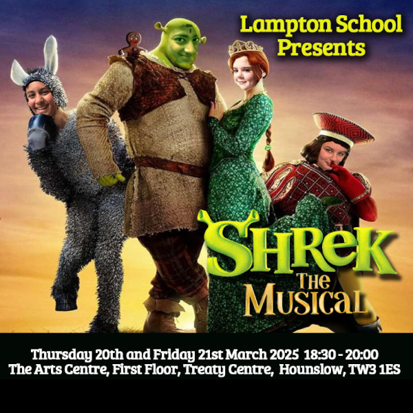 Poster of Shrek the musical with Lampton School cast superimposed